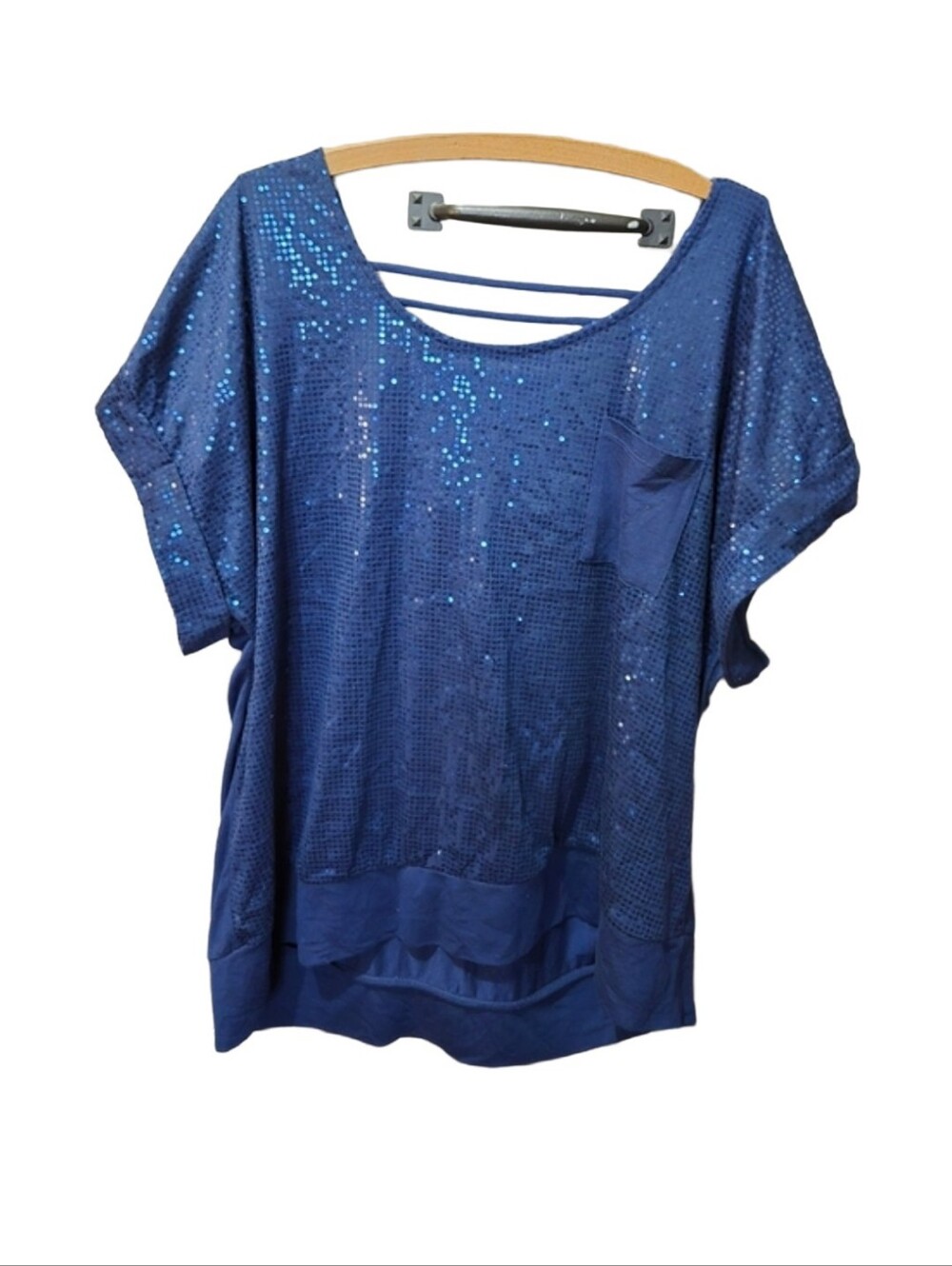 American Rag Cie 3X Blue Sequin Strappy Back Top Plus Size Dolman Sleeve